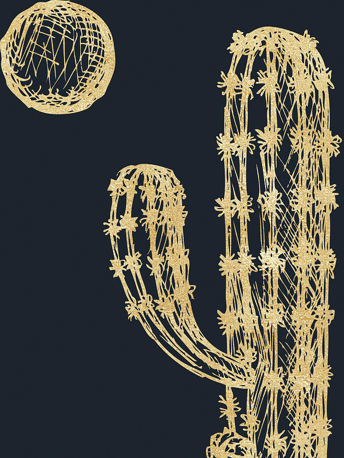 Desert Digital Art - Gold Glitter Cactus - Night by Ink Well