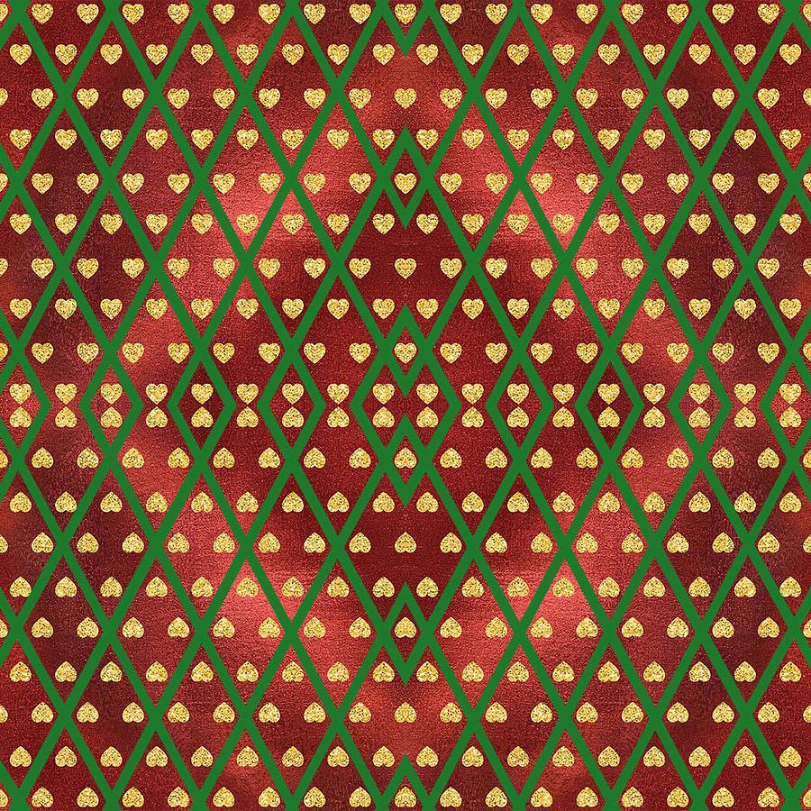 Gold Hearts on a Red Shiny Background with Green Crisscross  Diamond Lines Digital Art by Ali Baucom