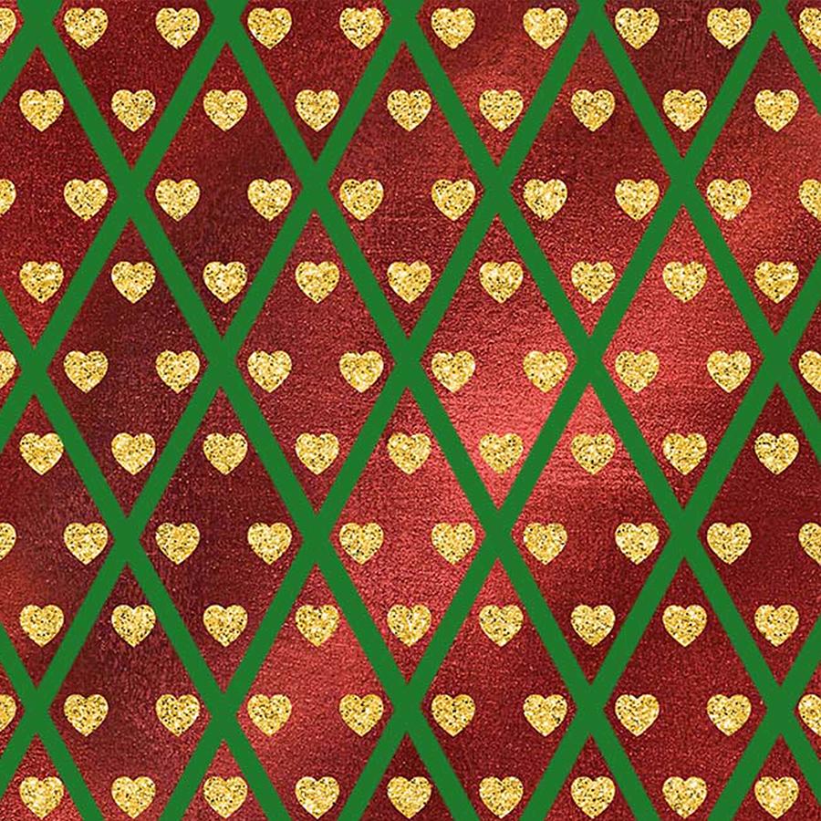 Gold Hearts on a Red Shiny Background with Green Crisscross Lines  Digital Art by Ali Baucom