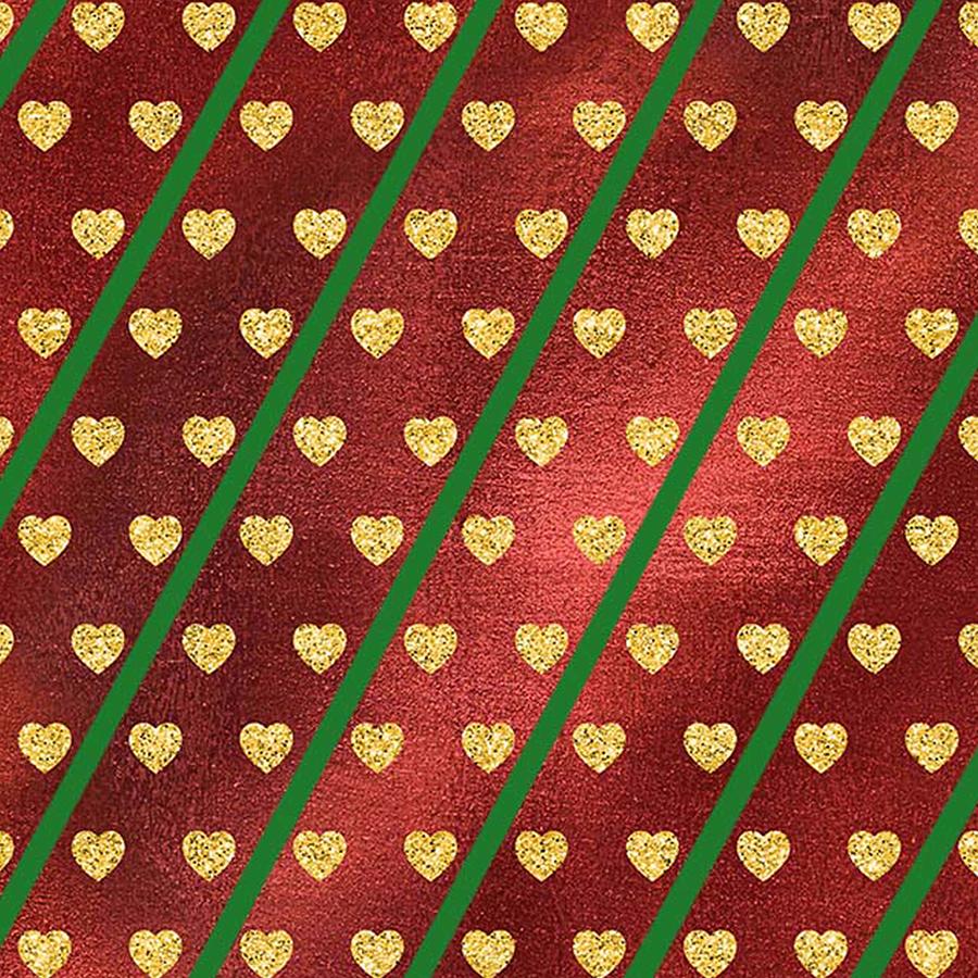 Gold Hearts on a Red Shiny Background with Green Diagonal Lines Digital Art by Ali Baucom