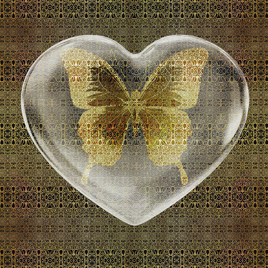 Gold Leaf and Black Ink Pattern and Butterfly in Crystal Heart Digital Art by Diego Taborda