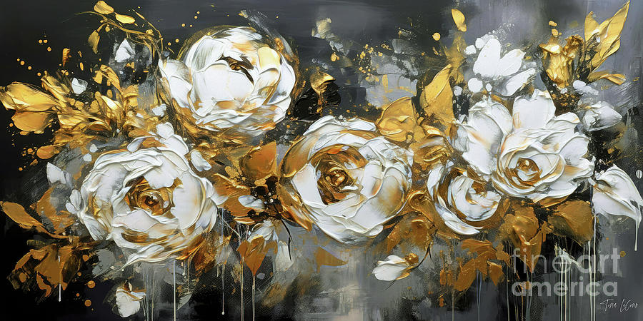 Golden Leaf White Roses Painting by Tina LeCour
