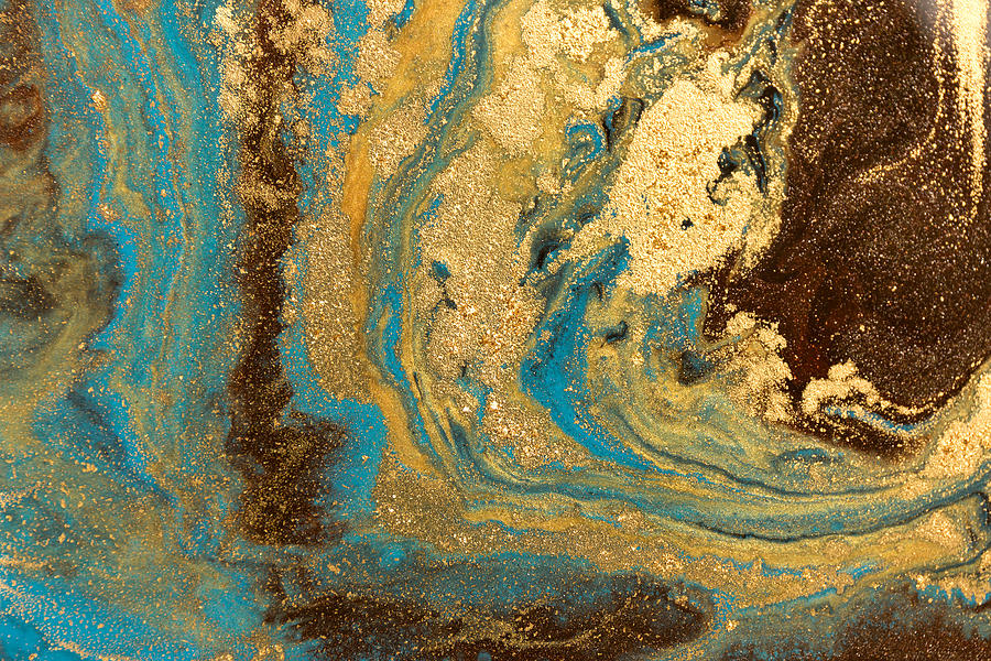 Gold Marbling Texture Design. Blue And Golden Marble Pattern. Fluid Art. Drawing