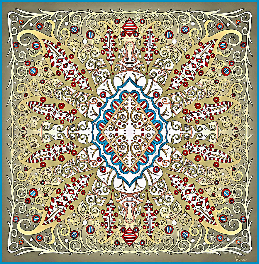 Gold on Gold Abstract Sun, Symmetrical Design with Turquoise, White and Red Elements Tapestry - Textile by Lise Winne