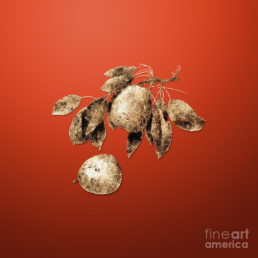 Gold Pear on Tomato Red n.00469 Painting by Holy Rock Design