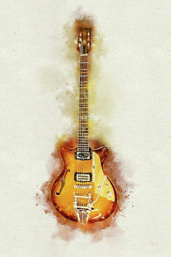 Gold Sunburst Semi-Hollow Blues Guitar in Watercolor Splashes Digital Art by Andreea Eva Herczegh