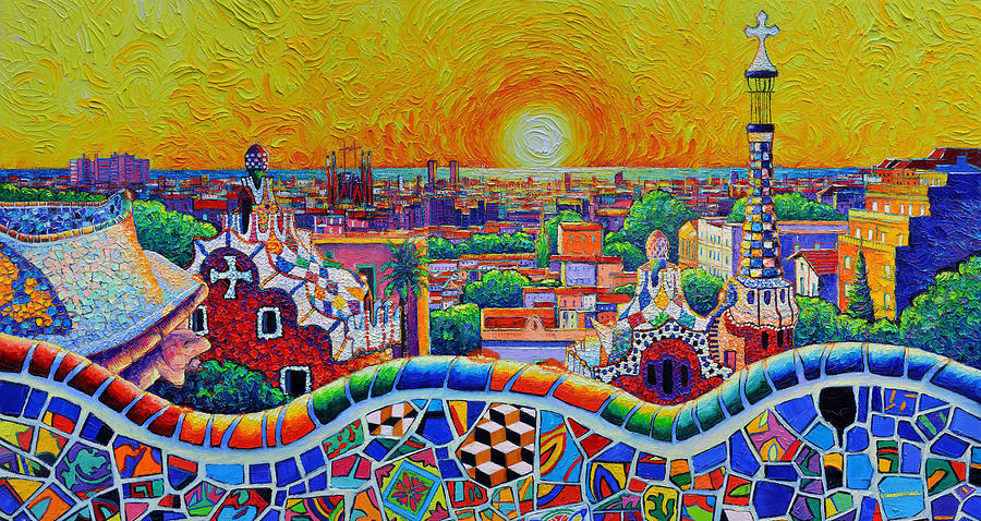 GOLD SUNRISE BARCELONA VIEW FROM GUELL PARK commissioned knife oil painting Ana Maria Edulescu Painting by Ana Maria Edulescu