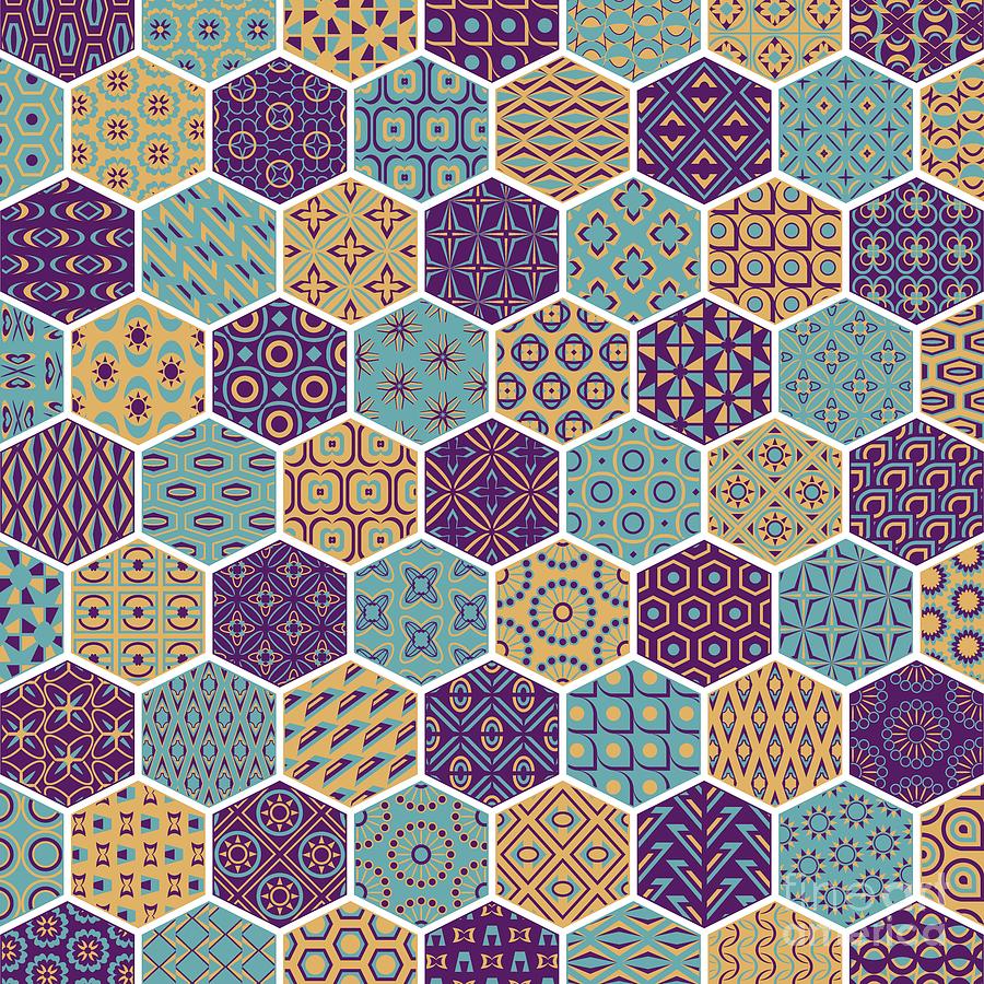 Gold, Teal and Purple Abstract Hexagons Digital Art by Marian ...