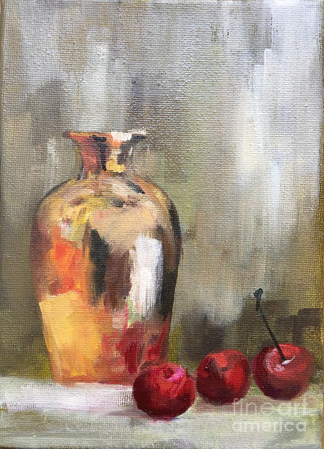 Gold Vase and three cherries Painting by Lizzy Forrester