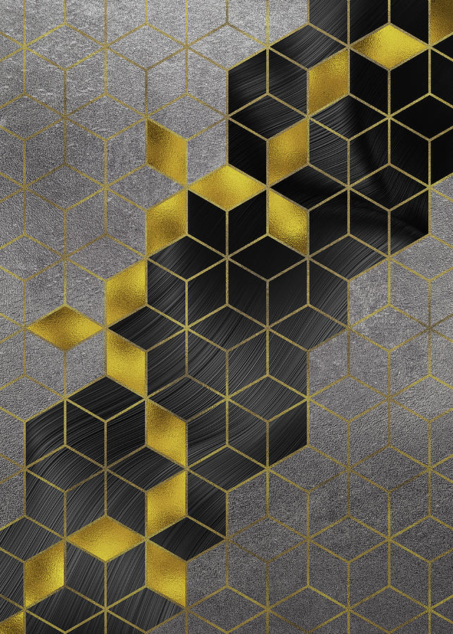 Gold With The Flow Geometric Modern Marble Digital Art by Sambel Pedes