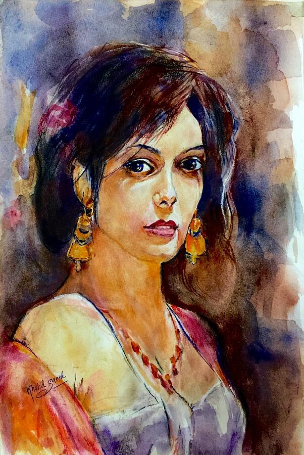 Portrait Painting - Golden earing by Khalid Saeed
