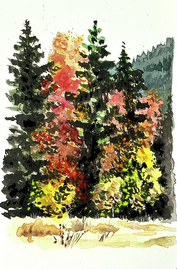 Golden Autumn and Pine Trees Painting by Masha Batkova
