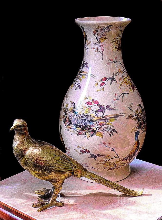 Golden Bird and Bird Covered Vase Abstract Melting Effect Photograph by Rose Santuci-Sofranko