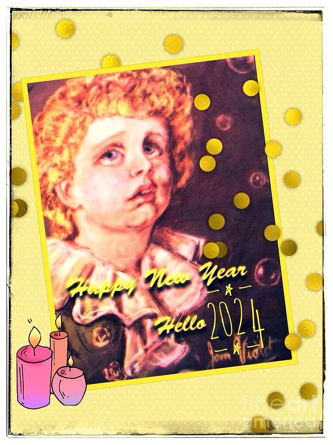 Golden Bubbles New Year Greeting Mixed Media by Joan-Violet Stretch