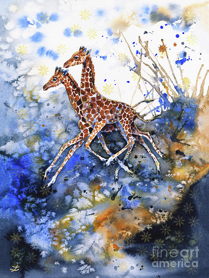 Golden Childhood. Baby Giraffes Painting by Zaira Dzhaubaeva