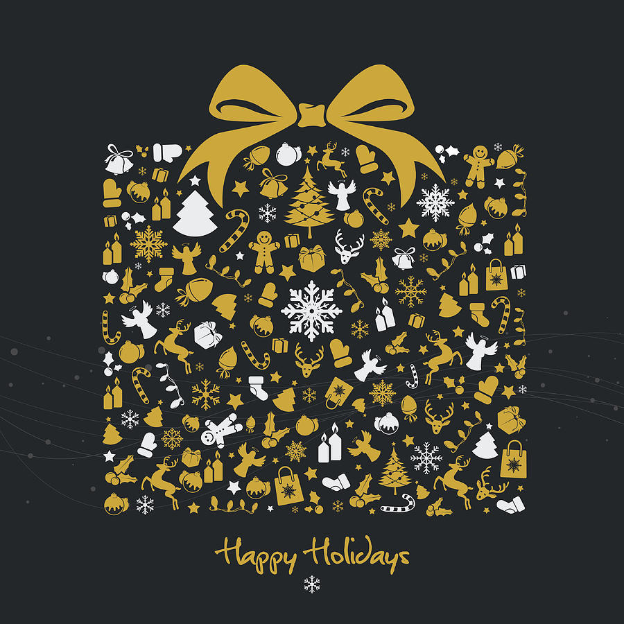 Golden christmas gift box with icons Drawing by Mustafahacalaki