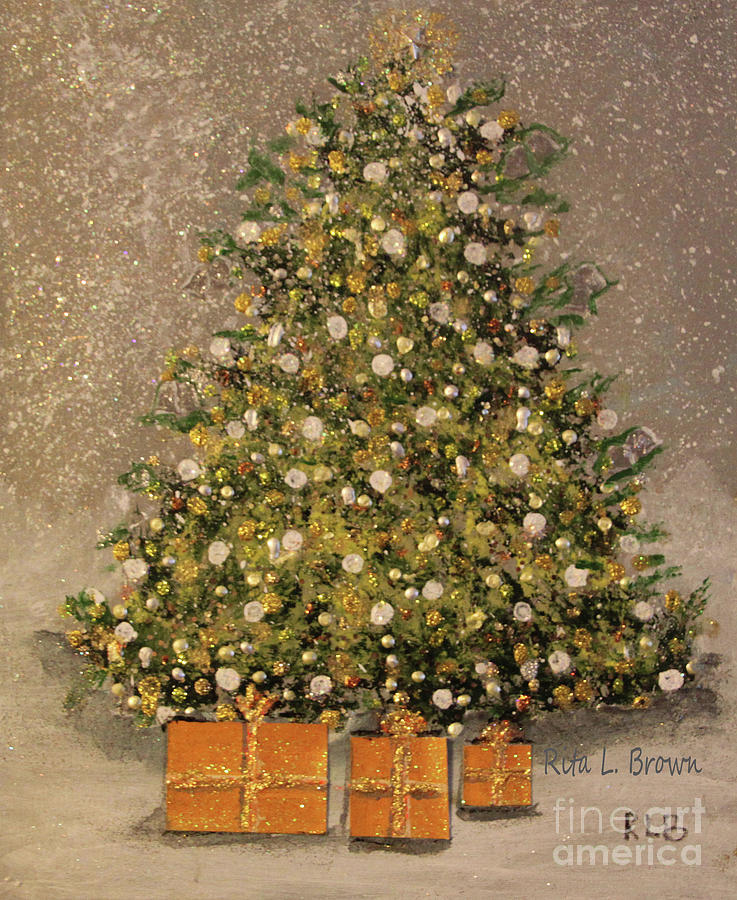 Golden Christmas Tree Painting by Rita Brown