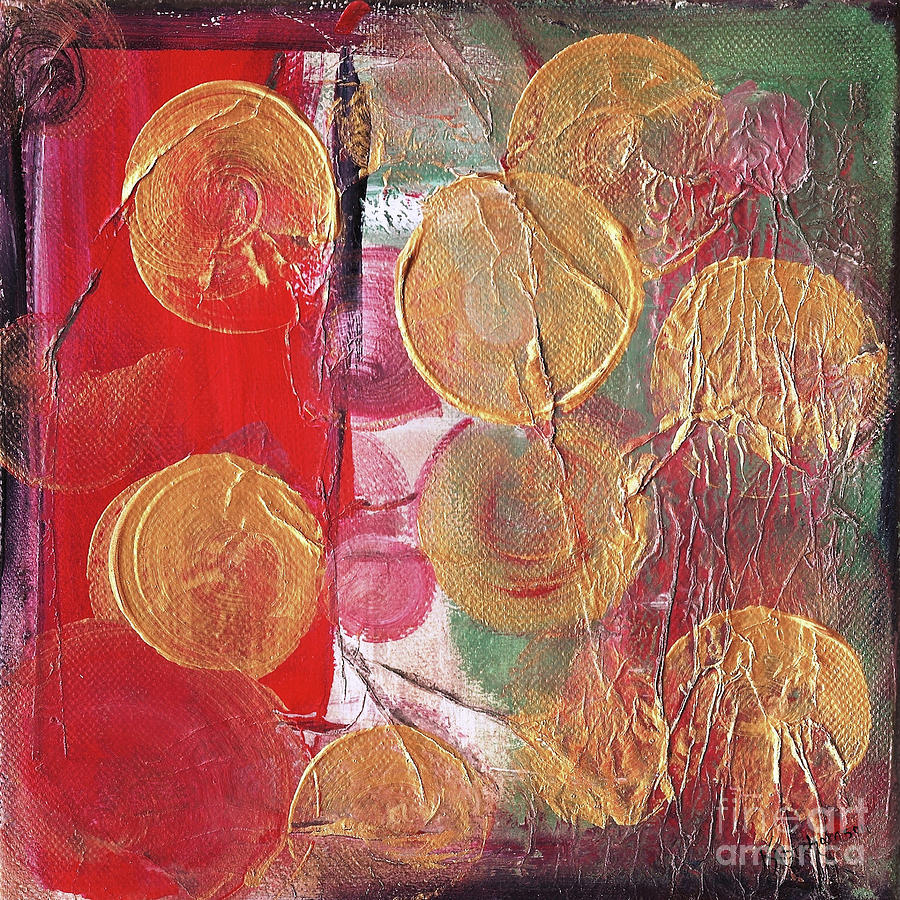 Golden Circles on Red and Green Painting by Kristen Abrahamson