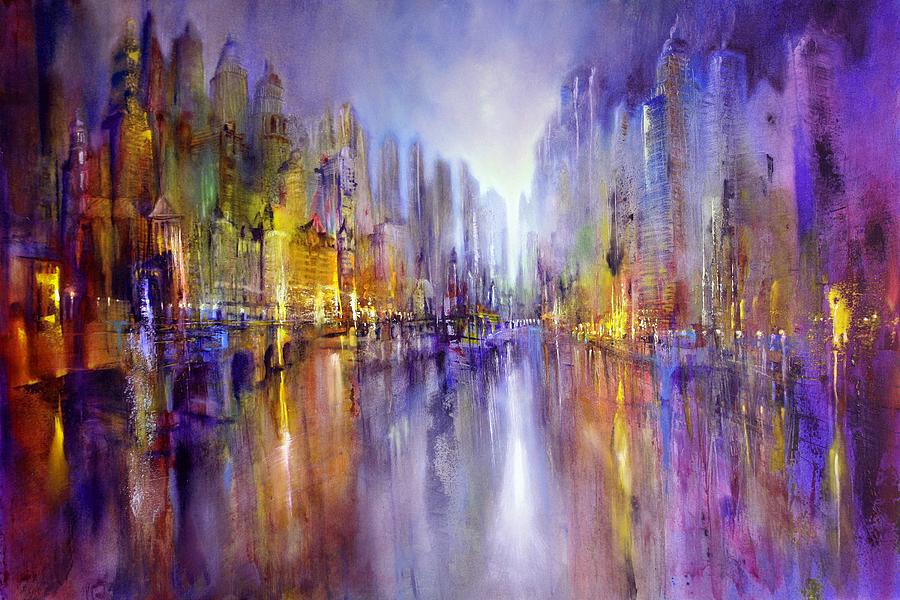Golden city and a purple river  Painting by Annette Schmucker