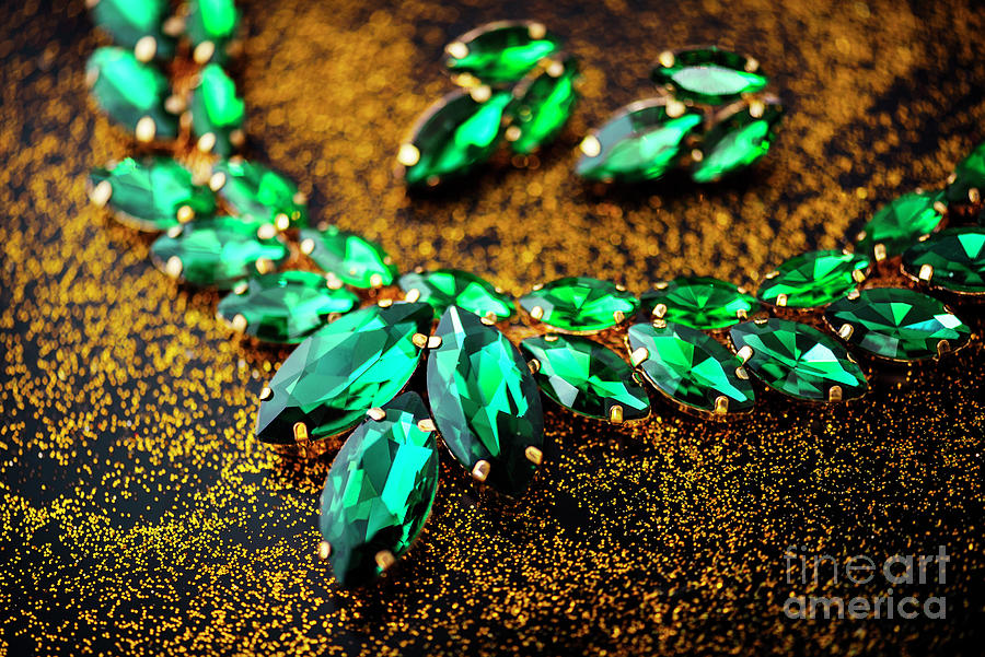 Golden Classy Jewelry With Emerald Gem. Photograph
