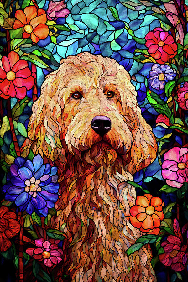Golden Doodle and Flowers Digital Art by Peggy Collins