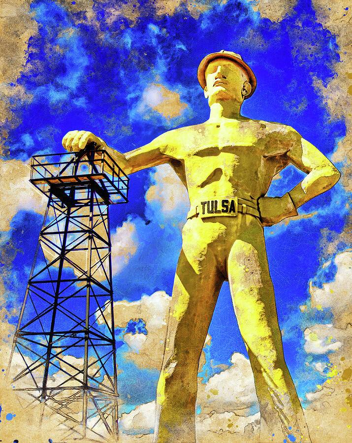 Golden Driller statue in Tulsa, Oklahoma - digital painting Digital Art by Nicko Prints
