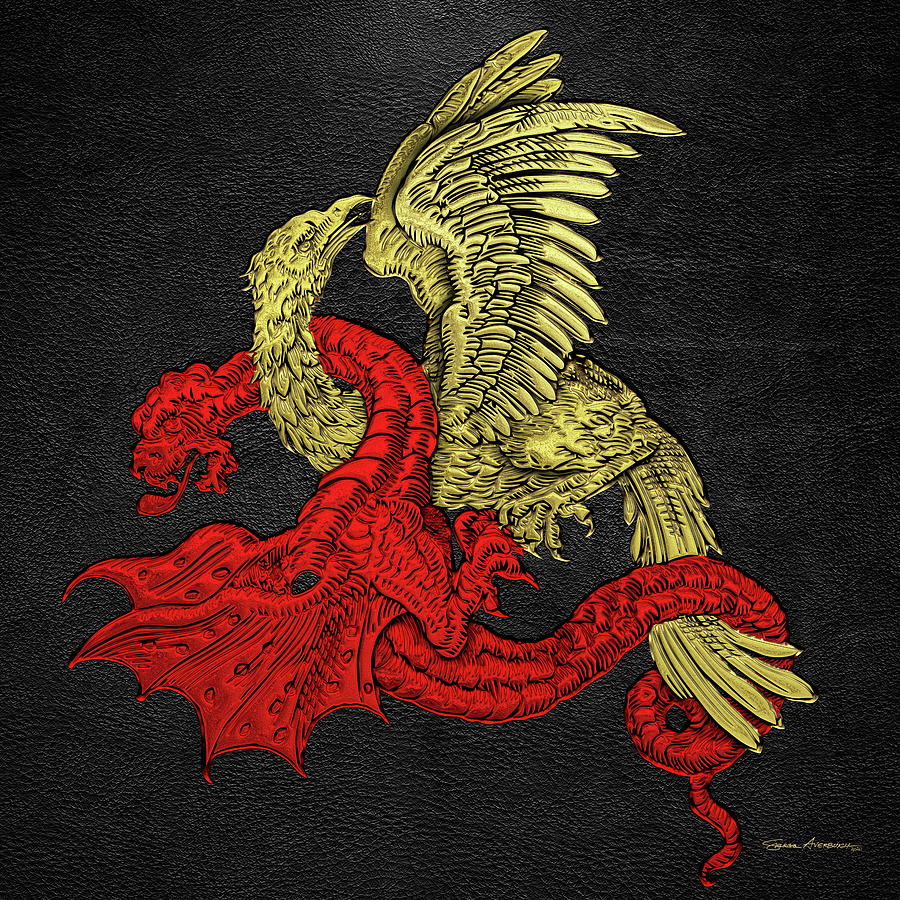Dragon Digital Art - Golden Eagle Fighting the Red Dragon over Black Leather by Serge Averbukh