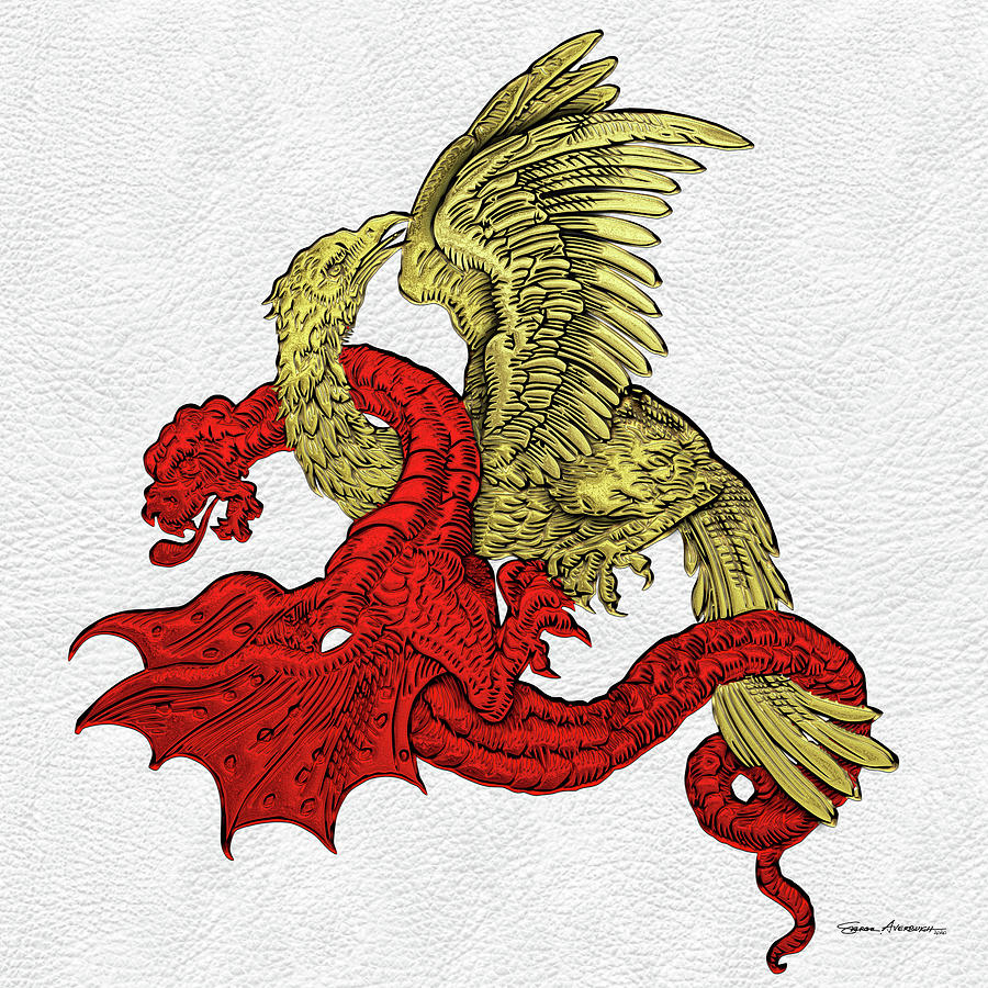 Golden Eagle Fighting the Red Dragon over White Leather  Digital Art by Serge Averbukh