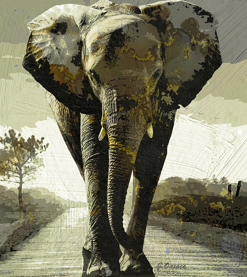 Golden Elephant Mixed Media by J U A N - O A X A C A