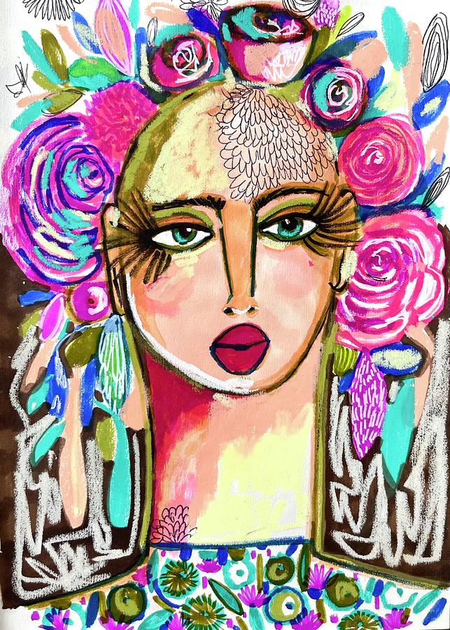 Golden Floral Abstract Face Mixed Media by Rosalina Bojadschijew
