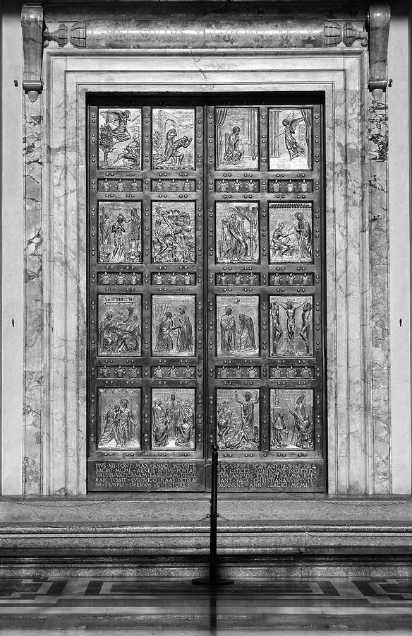 Golden Friezes of the Holy Door in Vatican City Rome Italy Black and White Photograph by Shawn OBrien