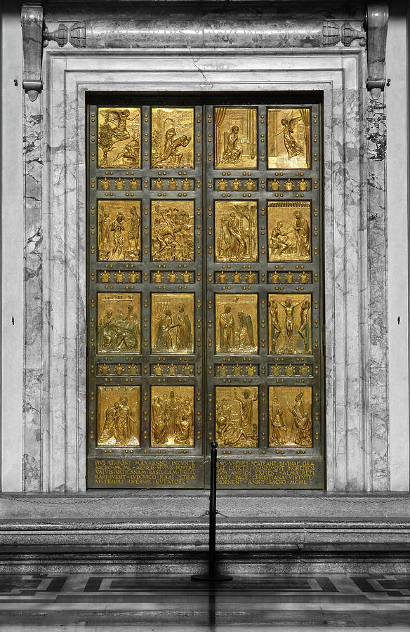 Golden Friezes of the Holy Door in Vatican City Rome Italy Color Splash Digital Art by Shawn OBrien