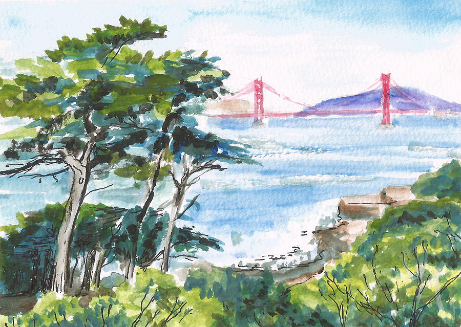 Golden Gate Bridge and Trees Painting by Masha Batkova
