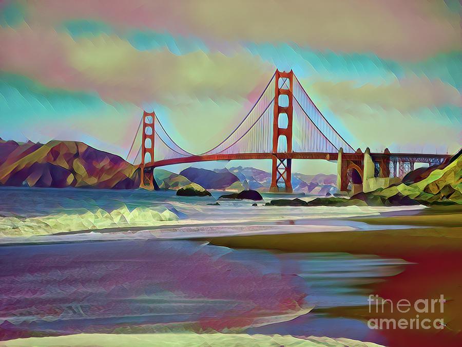 Golden Gate Bridge Art Deco San Francisco  Digital Art by Chuck Kuhn