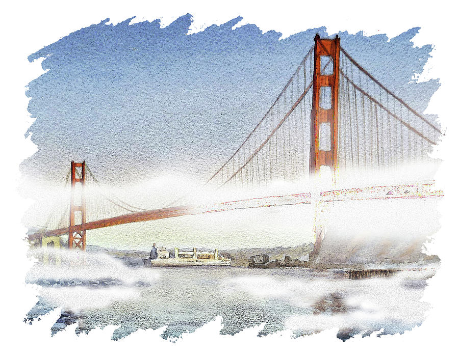 Golden Gate Bridge Painting - Golden Gate Bridge Fog San Francisco California Watercolor Painting VII by Irina Sztukowski