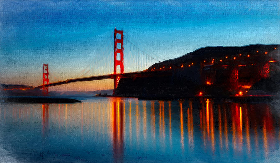 Golden Gate Bridge Gold Bay Reflection Painting by Tony Rubino