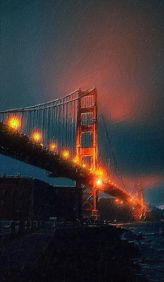 Golden Gate Bridge Gold Night Dark Painting by Tony Rubino