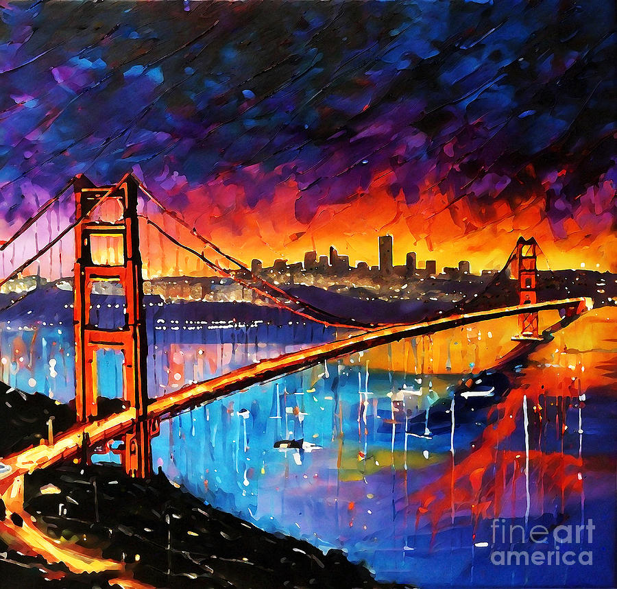 Golden Gate Bridge Oakland Bay Nightscapes San Francisco Painting by ...