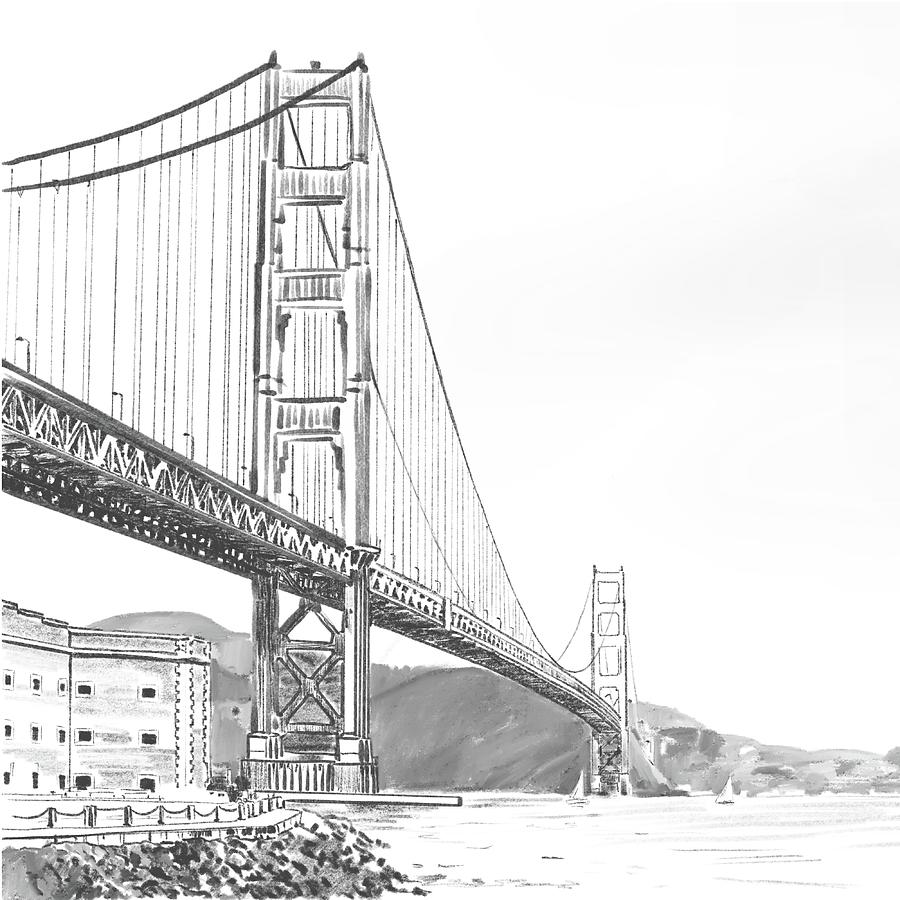 Golden Gate Bridge. Square Drawing by Masha Batkova