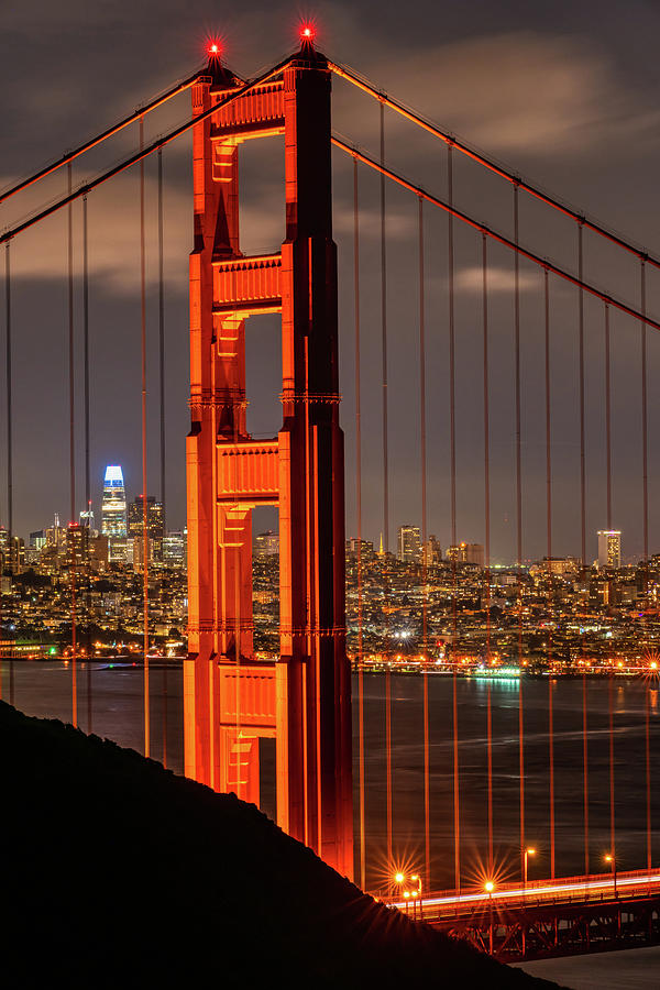 Golden Gate North Tower at Night Photograph by Kenneth Everett