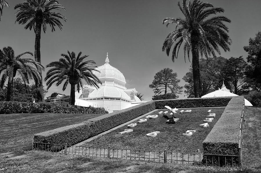 Golden Gate Park Conservatory of Flowers Lawn Clock in San Francisco Black and White Photograph by Shawn OBrien