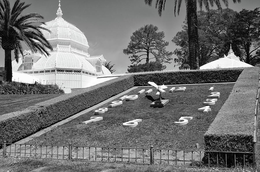 Golden Gate Park Lawn Clock at Conservatory of Flowers San Francisco Black and White Photograph by Shawn OBrien