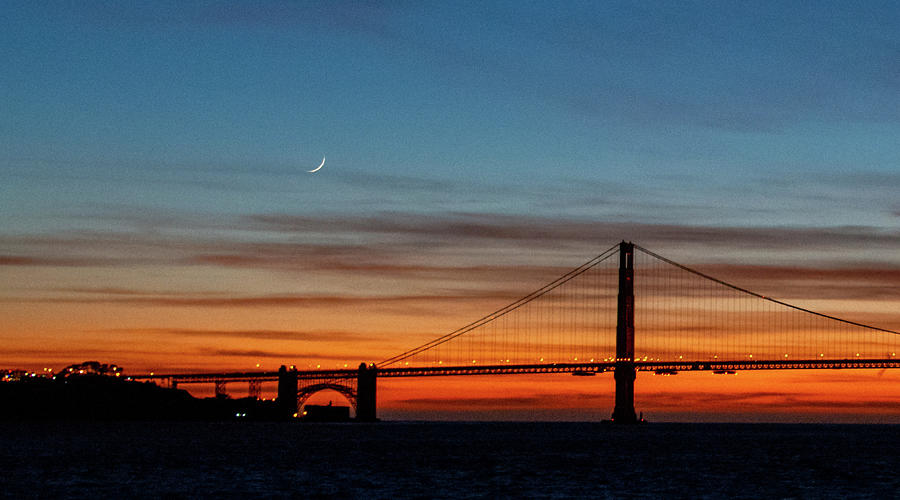 Golden Gate Sunset with Crescent Moon Photograph by Ken Stampfer