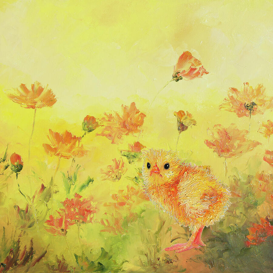 Golden glow, floral garden with chick Painting by Jan Matson Golden glow, floral garden with chick Painting by Jan Matson