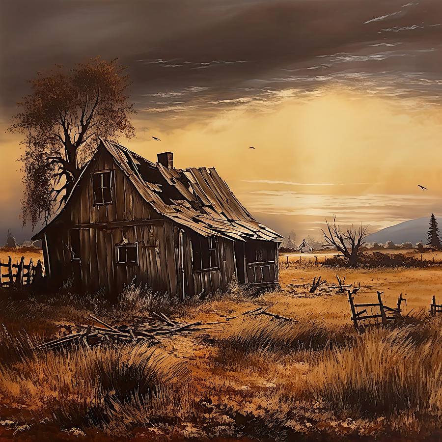 Old Barn Digital Art - Golden Glow Shack by Lourry Legarde