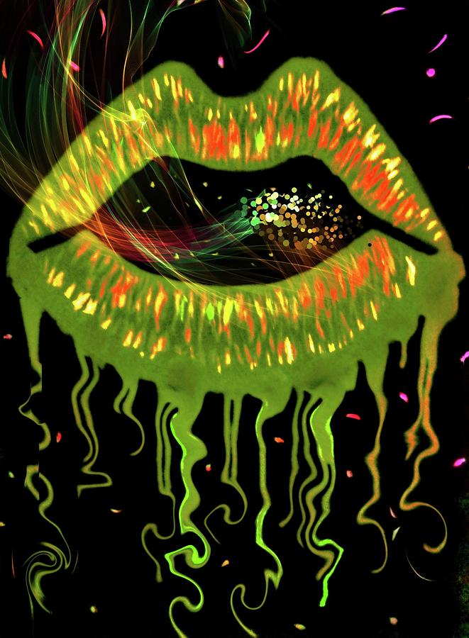 Golden Green Lips Painting by Anna Adams