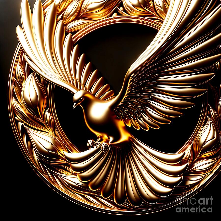 Bird Digital Art - Golden Holy Spirit on a Black Background by Rose Santuci-Sofranko