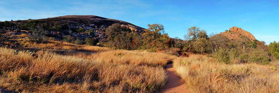 Golden Hour Panorama of Enchanted Rock And Turkey Peak - Fredericksburg Texas Hill Country Photograph by Silvio Ligutti