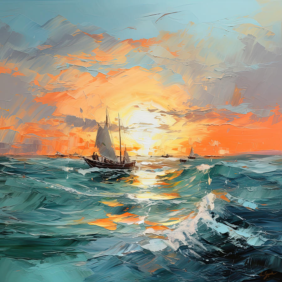 Turquoise And Orange Digital Art - Golden Hour Sailboats - Coastal Art by Lourry Legarde