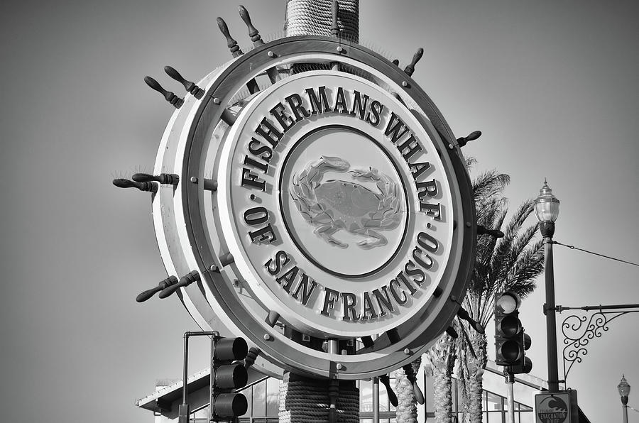 Golden Hour Sunlight on the Iconic Fishermans Wharf Sign San Francisco Black and White Photograph by Shawn OBrien